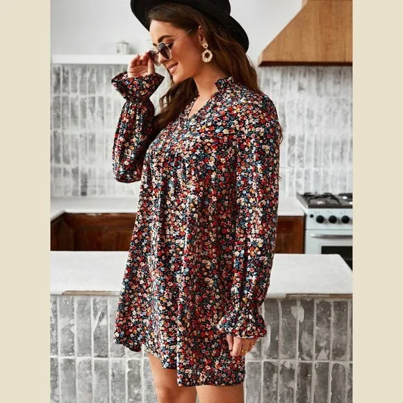 Boho Dainty Floral Confetti Ruffle Babydoll Dress - Picture 4 of 12